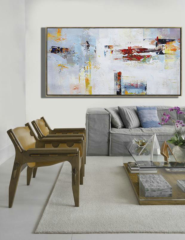 Original Extra Large Wall Art,Horizontal Palette Knife Contemporary Art Panoramic Canvas Painting,Bedroom Wall Decor,Grey,White,Red,Yellow.etc